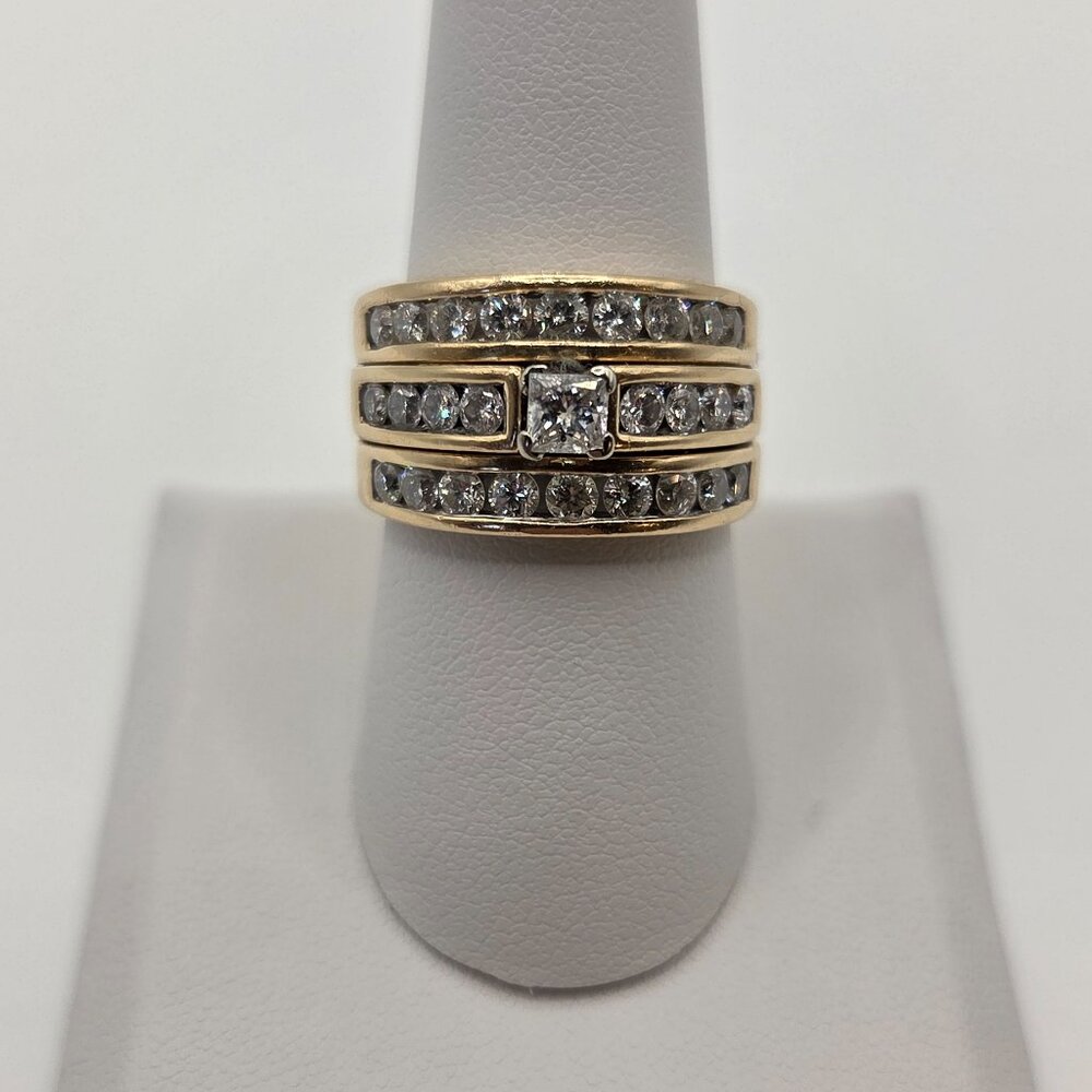 Certified Diamond Wedding Ring, 14k Yellow Gold Cluster, Princess and Round Cut,